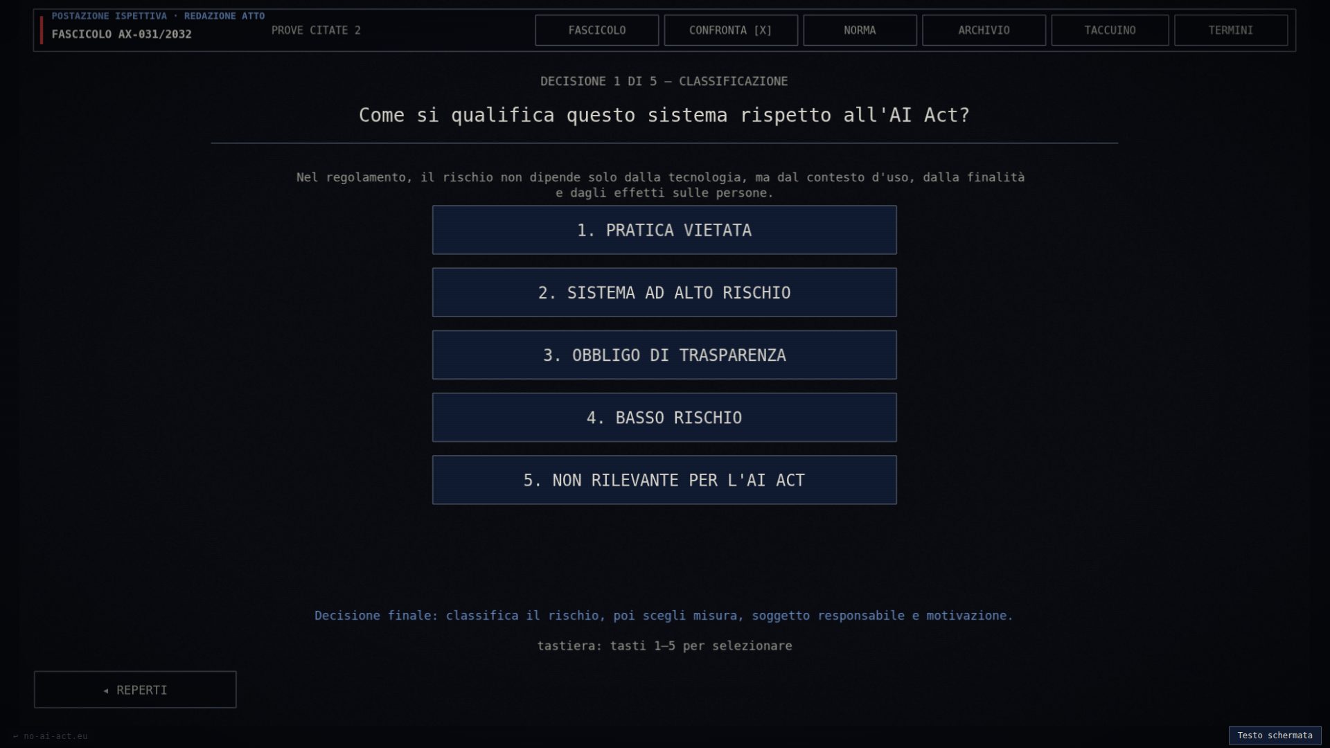 Schermata di classificazione del rischio secondo l'AI Act