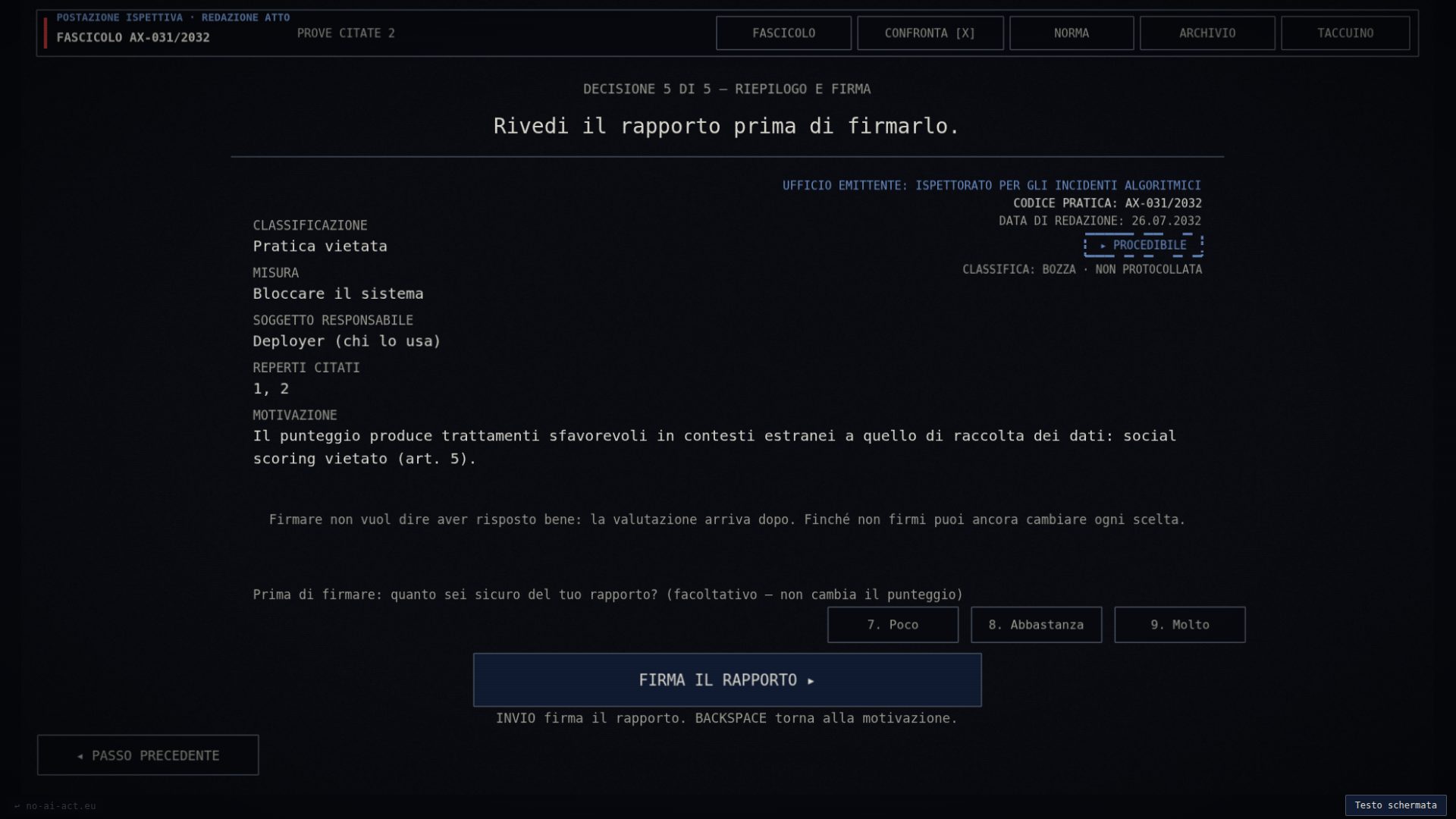 Riepilogo della decisione ispettiva prima della firma