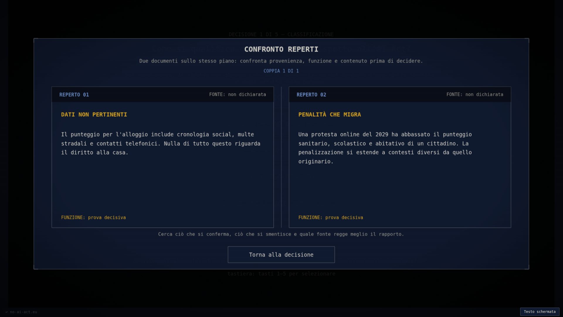 Confronto delle prove disponibile durante la decisione