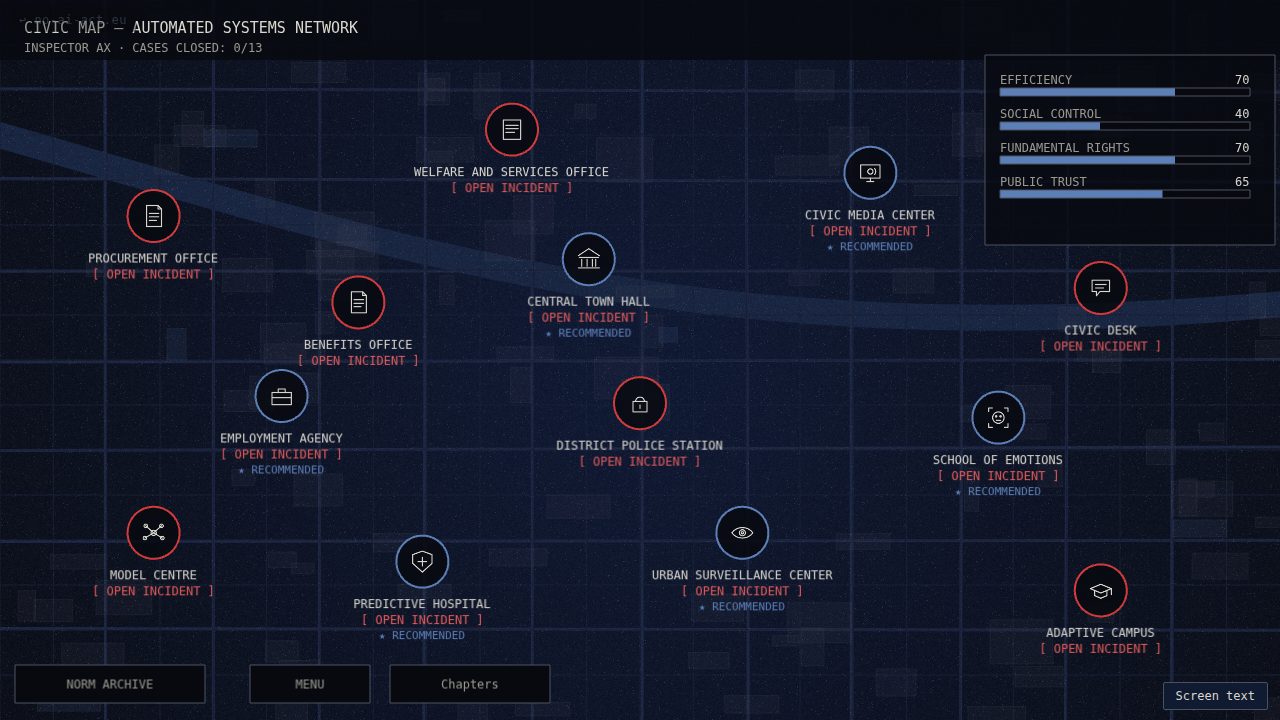 In-game screenshot: the NO AI ACT civic map with the 13 cases and social indicators