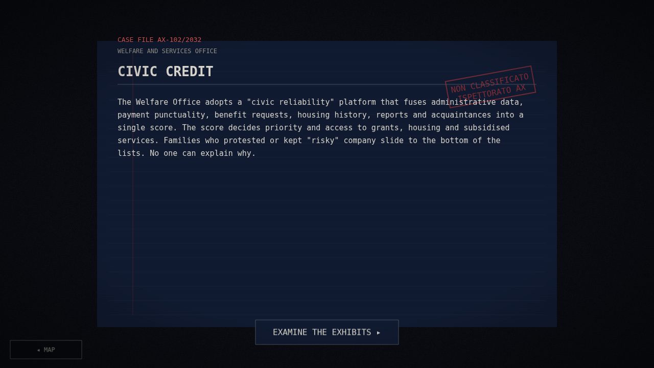 Game screen: a case file showing the context of the AI system under investigation