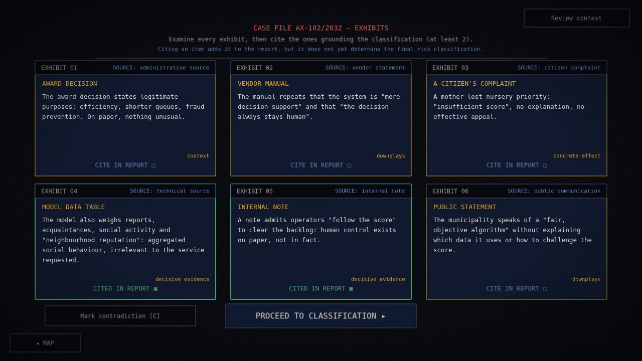 Game screen: six case exhibits, two of them cited in the inspection report