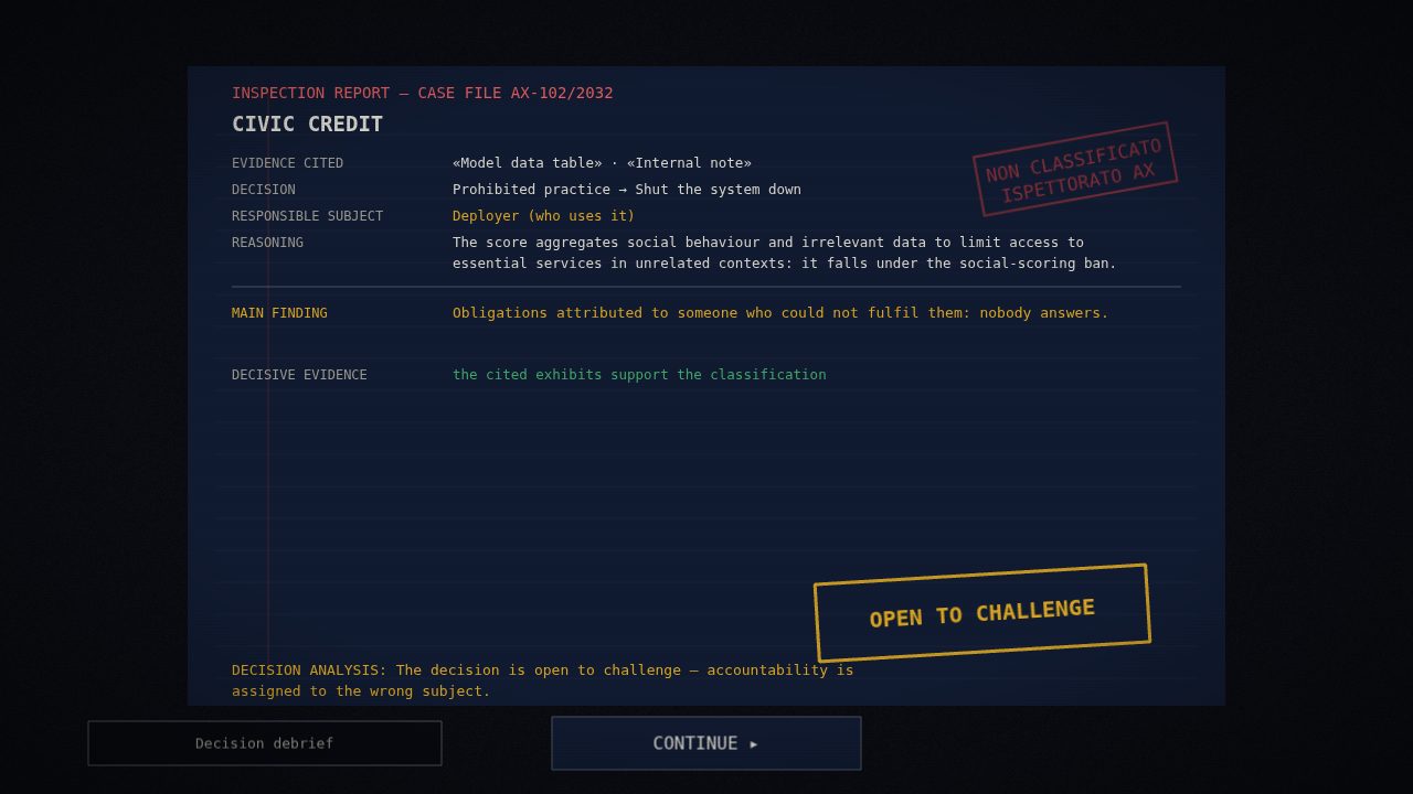 Game screen: the signed inspection report with the assessment of the reasoning
